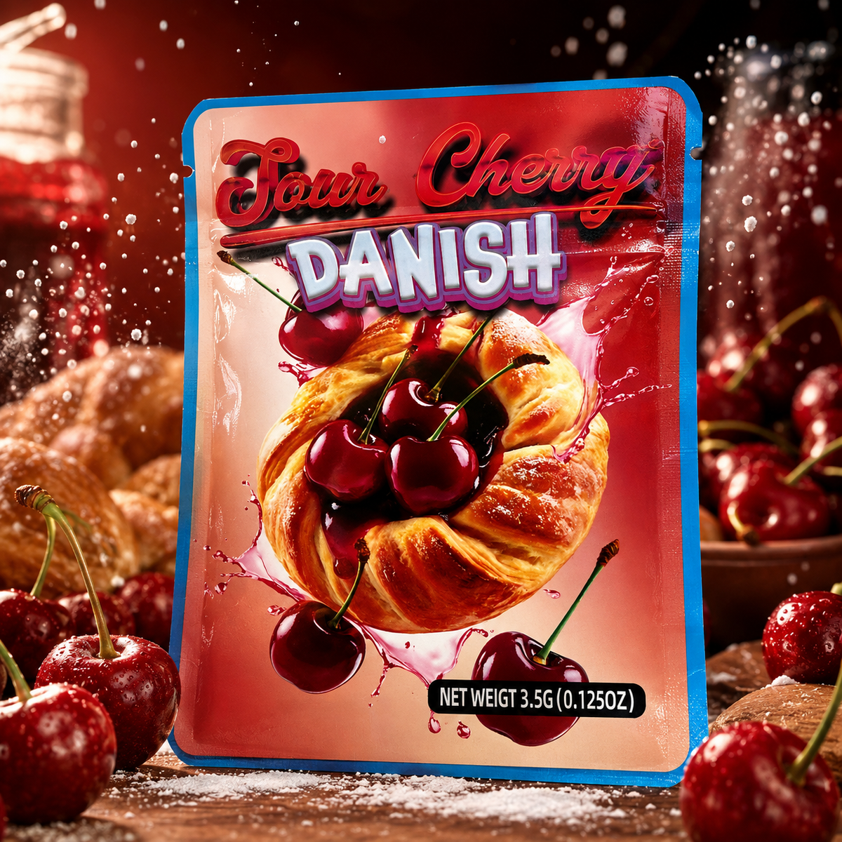 Sour Cherry Danish 3.5g Cali Pack Holographic Mylar Pouch Bag