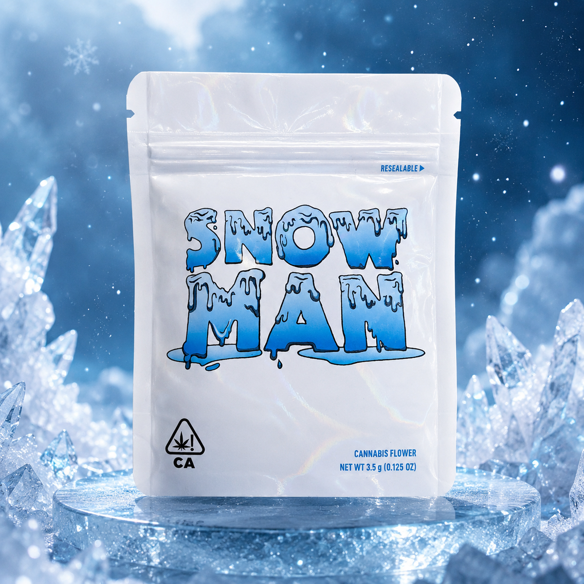 Snowman 3.5g Cali Pack Matte White Mylar Pouch Bag